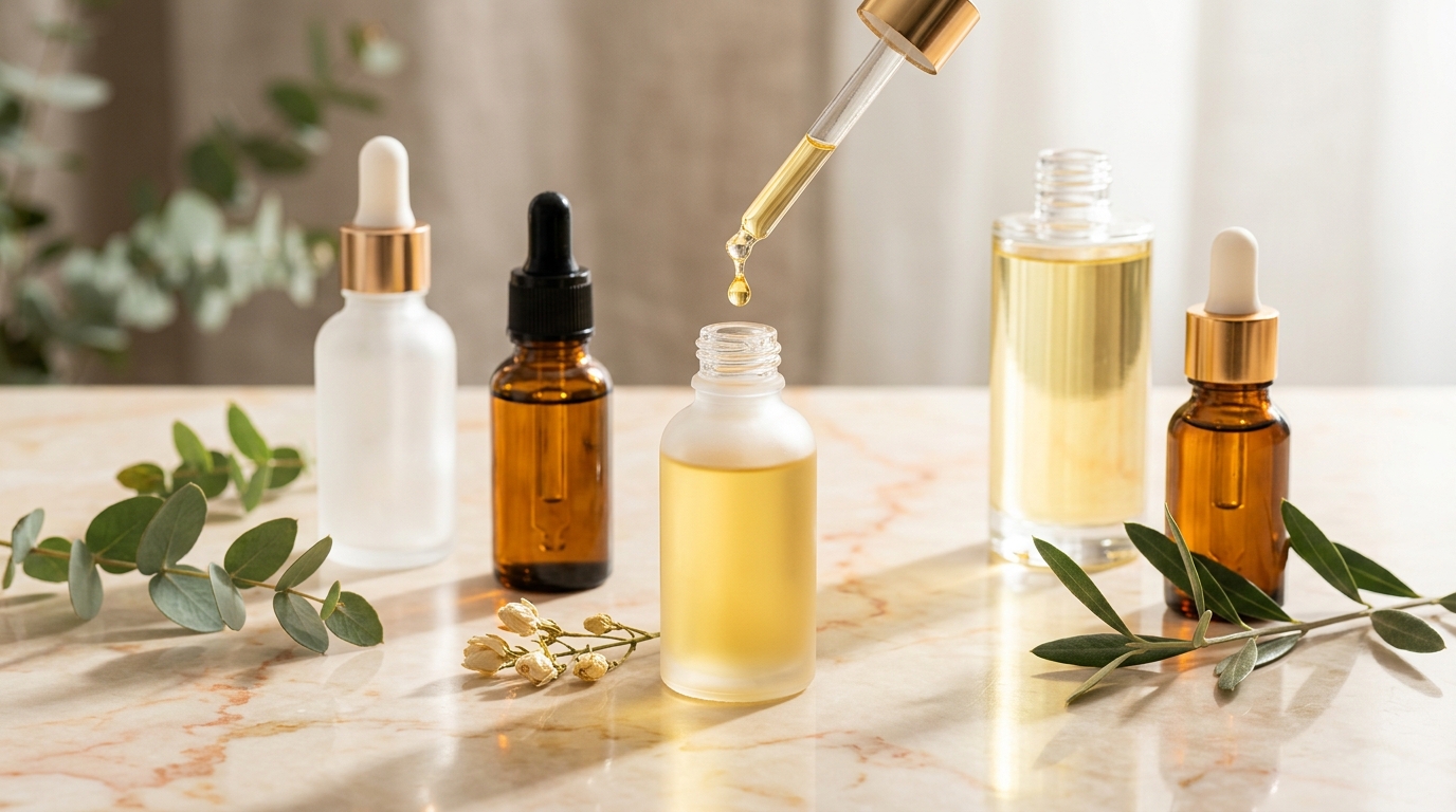 Minimalist skincare formulation bottles and active ingredients
